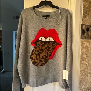 Lucky Brand Gray Crewneck Sweater with Red Lips and Leopard Tongue